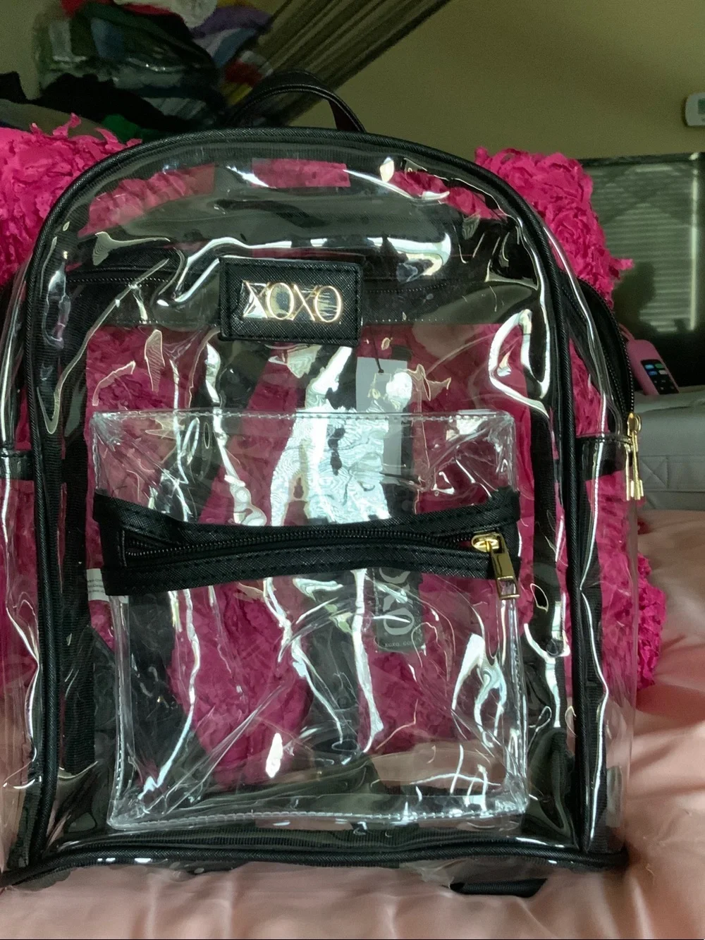 XOXO Clear Backpack with Black Trim and Pink Accents
